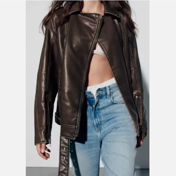 Zara Women XL Faux Leather Distressed Biker Jacket Charcoal Vegan Motorcycle - Picture 4 of 15